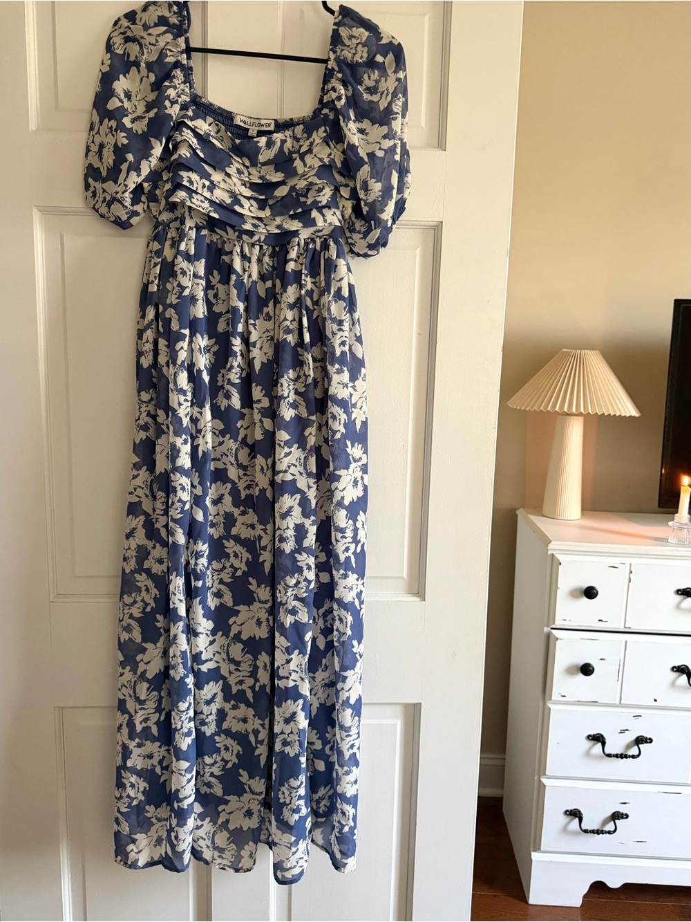 Blue and White Floral Puff-Sleeve Kids Formal Dress